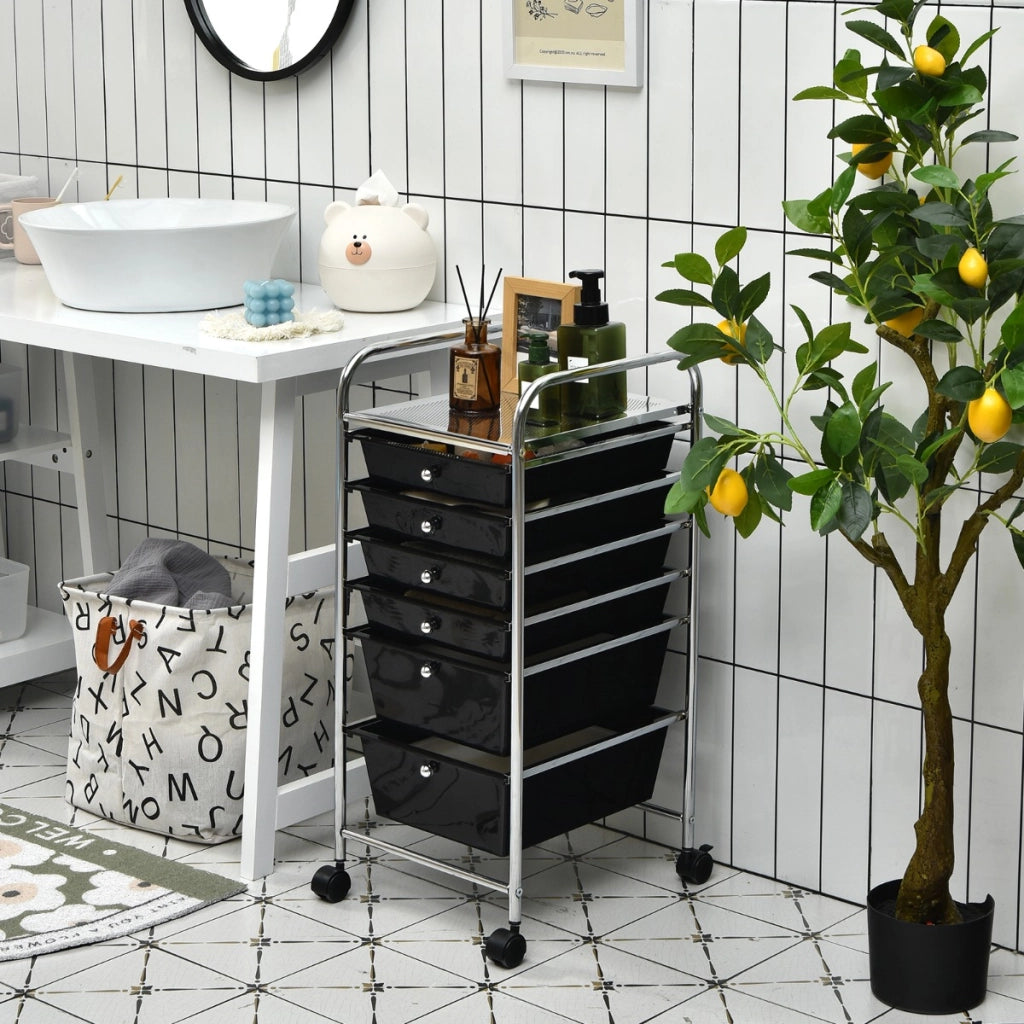 Carrello cassettiera multiuso con 6 cassettiera in plastica con ruote, Carrello per cucina 43,5x34x76cm Nero-Armadi da ufficio