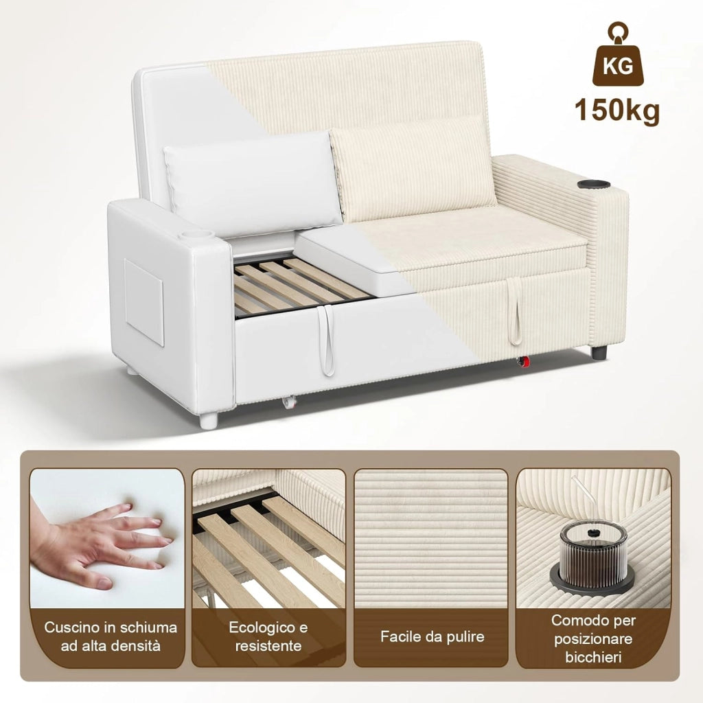 Divano Letto 2 Posti in Velluto Divano Matrimoniale Prontoletto Estraibile con Schienale Regolabile in 5 Posizioni per Soggiorno, Camera da Letto o Ufficio, 69P x 141L x 88H cm, Beige