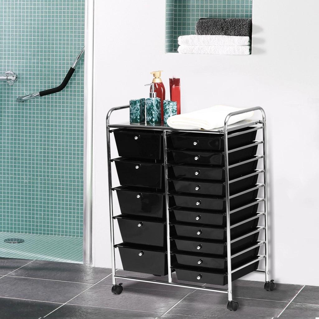 Carrello cassettiera multiuso con 15 cassettiera in plastica da cucina Contenitore con ruote Nero-Armadi da ufficio