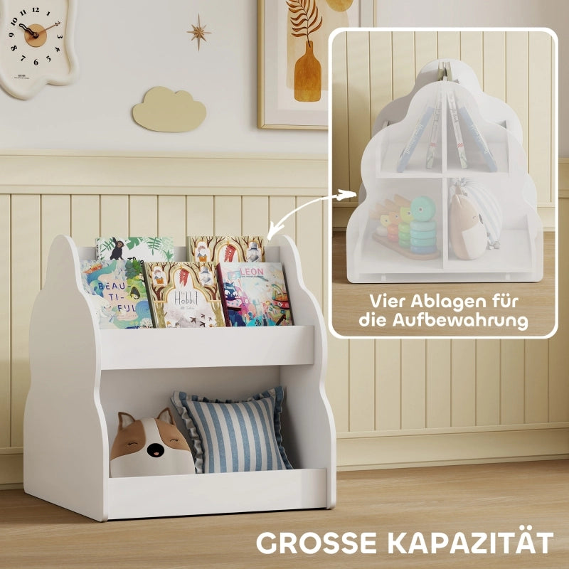 Libreria per bambini, libreria a 2 ripiani con ruote, 4 ripiani, per cameretta, sala giochi, 54x50x56 cm, bianca