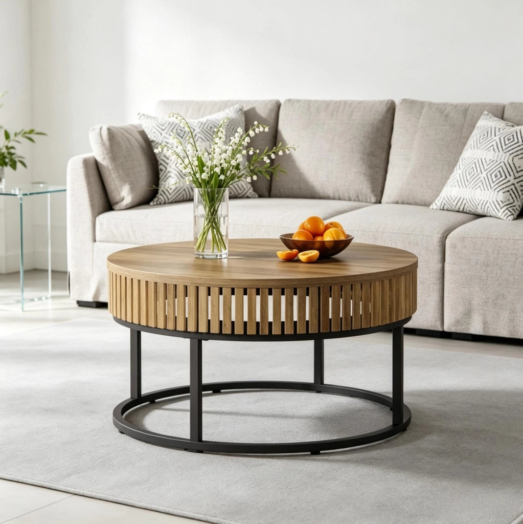 Tavolino da caffè rotondo Ø 80 cm in MDF e metallo nero/marrone HOMVRA