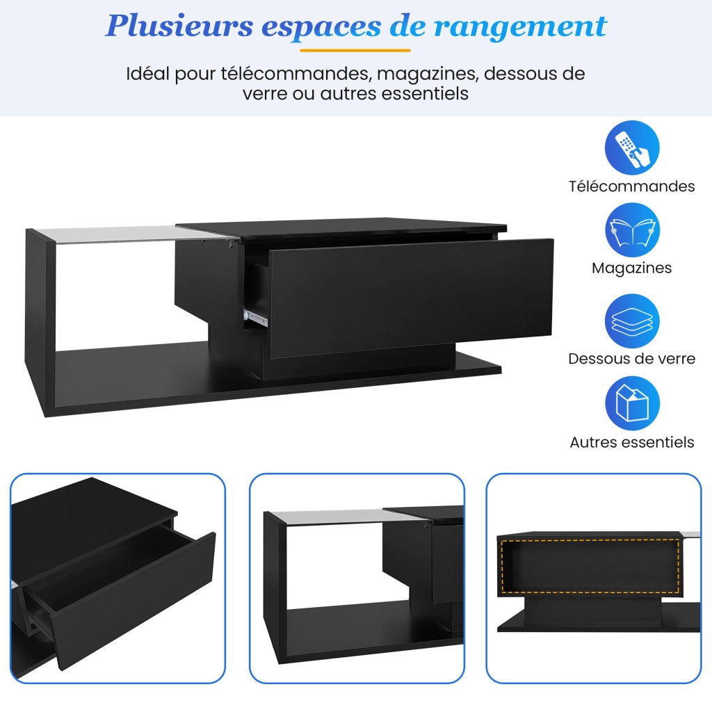 Tavolino da caffè con 1 Cassetto e LED tramite App; Piano in Vetro e Finitura Lucida; in Pannelli di Particelle; 100×50×32 cm; Nero