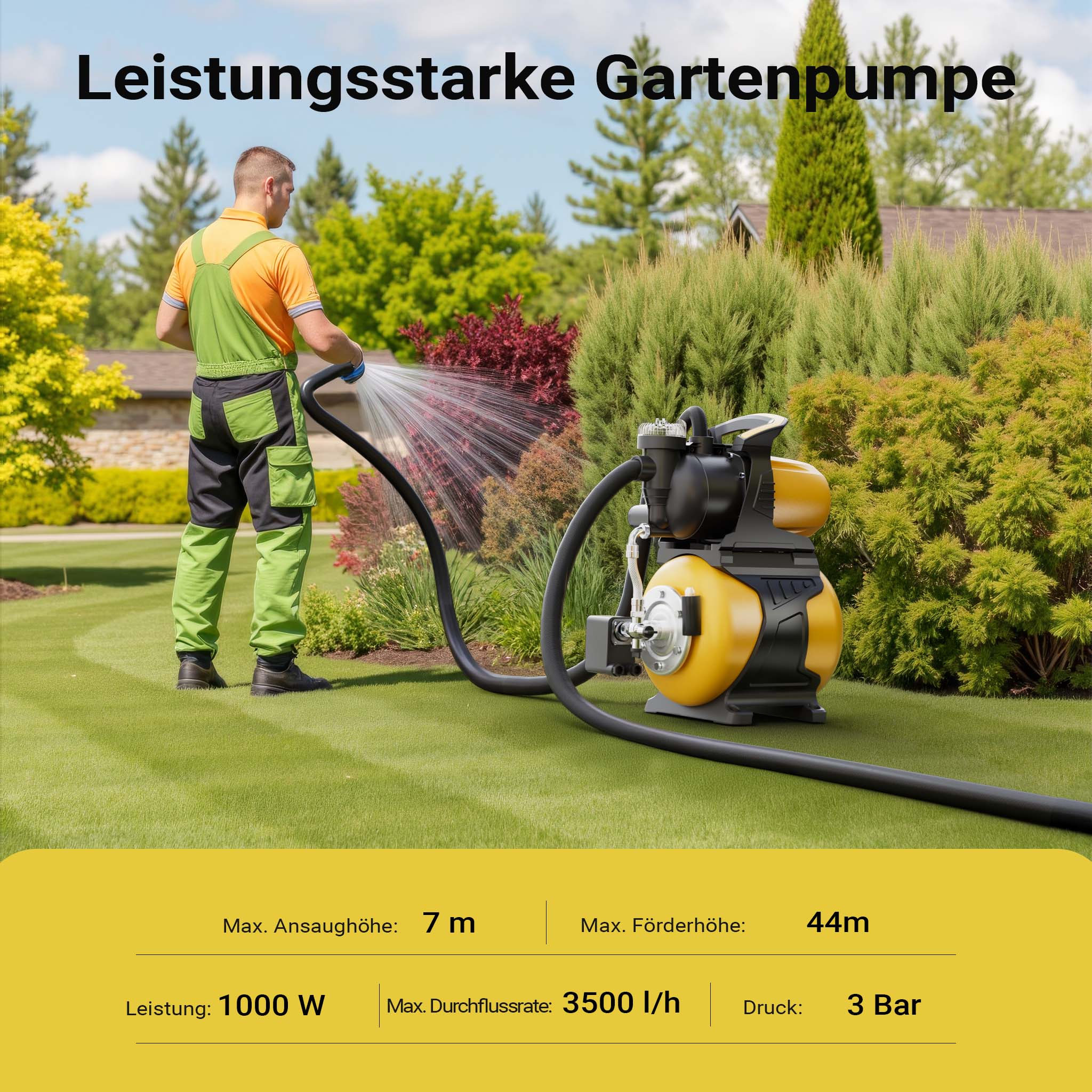 Autoclave con serbatoio uso domestico a membrana, 19 l, 1000 W, pompa per acqua automatica da 3500 l/h con pressostato e prefiltro, prevalenza 44 m, profondità di aspirazione di 8 m