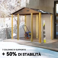 Casetta da Giardino in Acciaio Effetto Legno con Doppie Porte Scorrevoli, 236x196x208 cm, Marrone