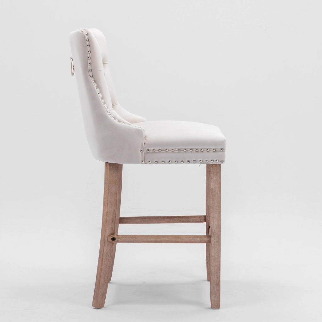 Sgabelli da Bar in Velluto con Bottoni e Gambe in Legno ¨C MINIMAL ¨C Set 2 Pezzi, Beige