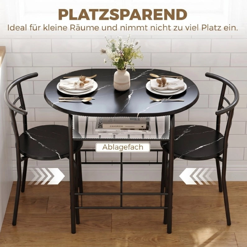Set tavolo da pranzo con 2 sedie e ripiano effetto marmo nero