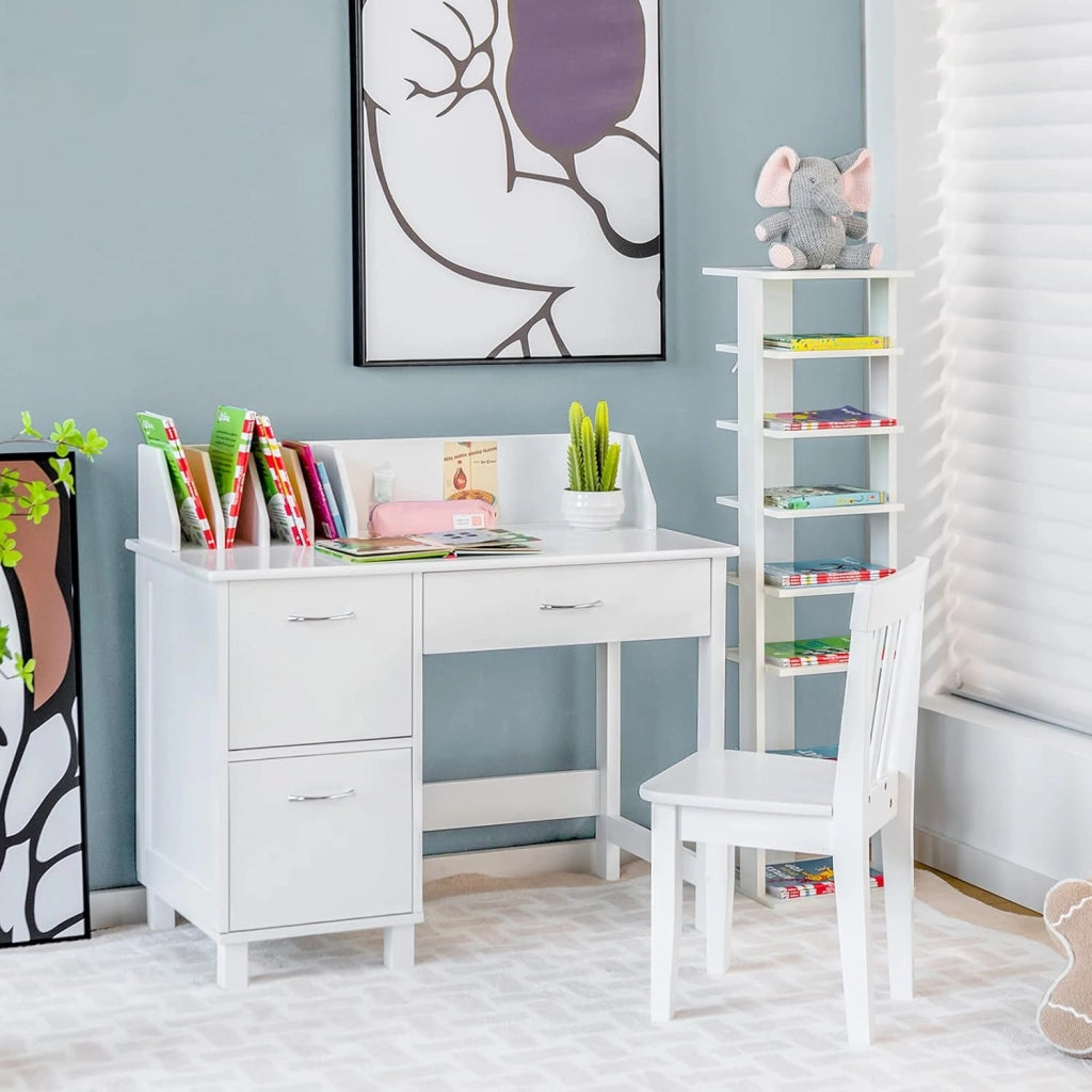 Set di Scrivania e Sedia per Bambini, Scrivania per Bambini con Cassetto e Armadietti, Ideale per Camera da Letto Sala Studio, 90,5 x 46 x 81 cm (bianco)