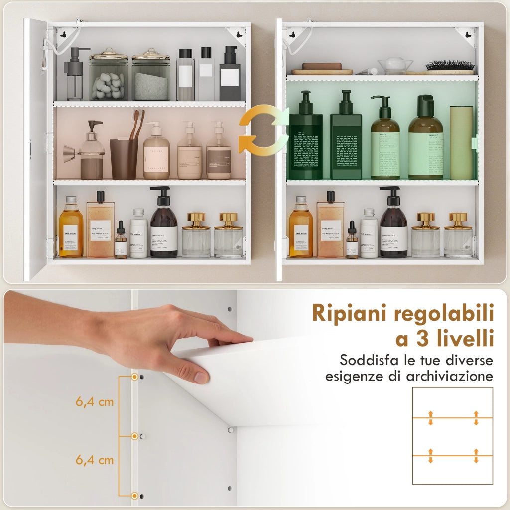 Armadietto Bagno con Specchio 50x15x60 cm Luce LED Regolabile e Sistema Antiappannamento in MDF Bianco