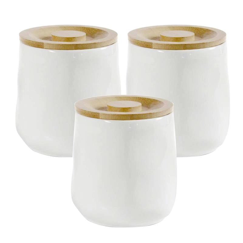 SET 3 BARATTOLI IN CERAMICA BIANCO CON TAPPO IN LEGNO SENZA SCRITTE 12X13 CM