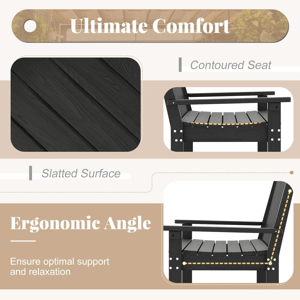 Panca da giardino a 2 posti, resistente alle intemperie, con schienale e braccioli, in HDPE fino a 300 kg, per balcone, giardino, terrazza, 132,5 x 62,5 x 91 cm (nero)