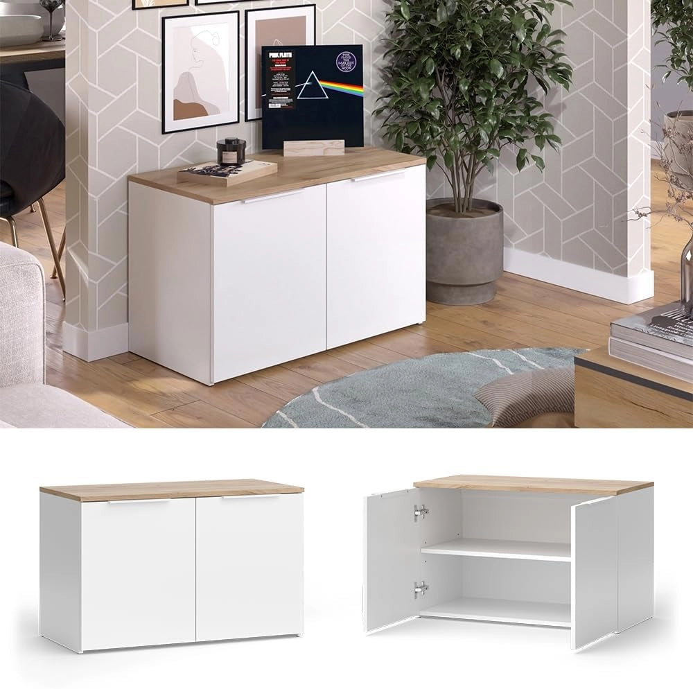 Credenza Wido, Bianco/Sonoma, 80 x 50 cm con 2 porte, adatto per riporre abiti e oggetti per la casa