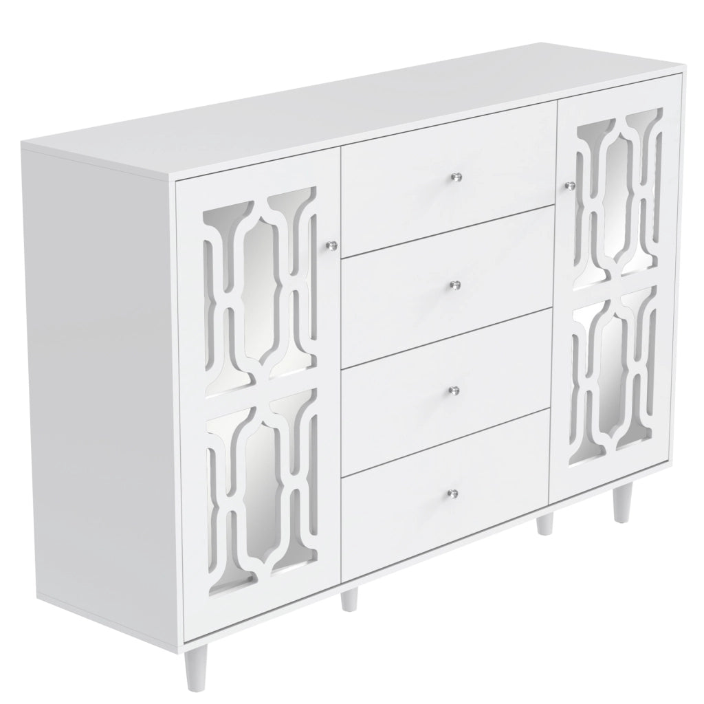 Credenza con 2 Ante; 4 Cassetti e Maniglie in Cristallo; Finitura a Specchio; in MDF; Bianco; 147;5??40??102 cm