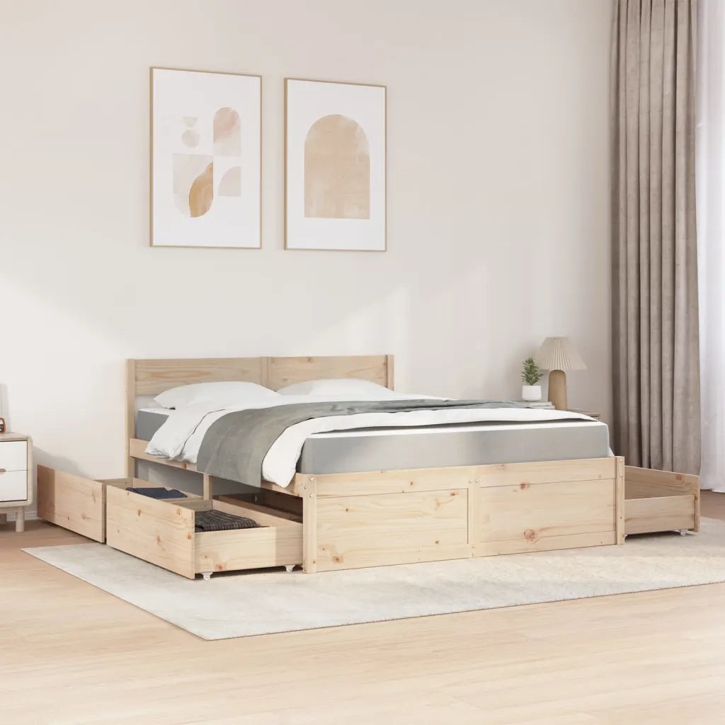 Letto con Cassetti e Materasso 140x200 cm Legno Massello Pino