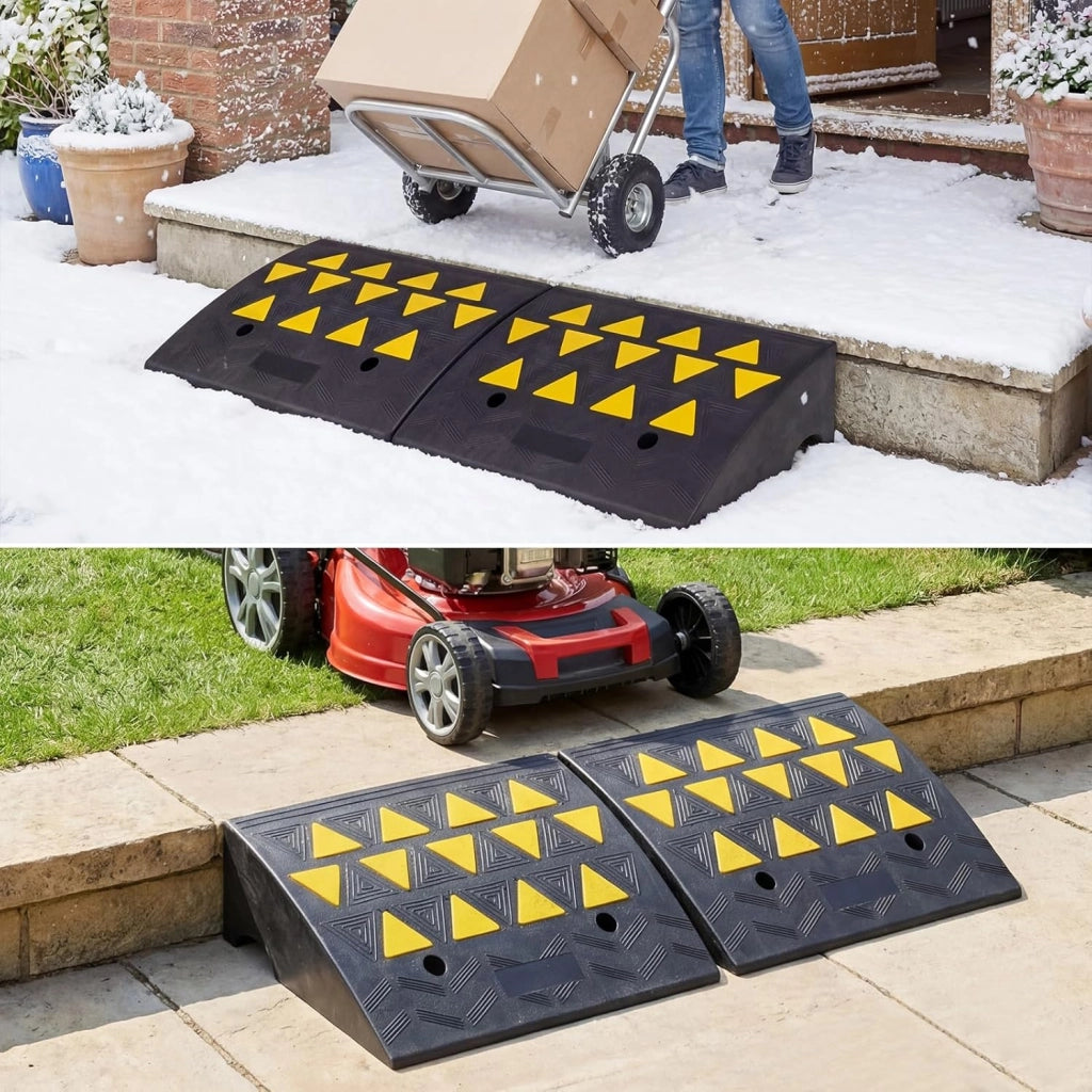 Set di 2 Rampe per Soglia, Rampa per Marciapiede in Gomma Antiscivolo con Strisce Riflettenti Triangolari Gialle e Fori di Drenaggio, Capacità Carico 15 Tonnellate (49 x 37 x 16cm)