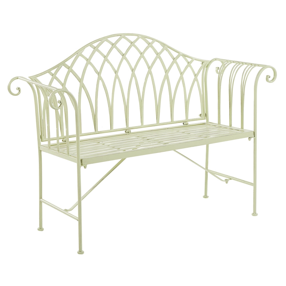 Panca da giardino per esterni Pistacchio in metallo verde chiaro 130 cm 2 posti con braccioli svasati in stile vintage
