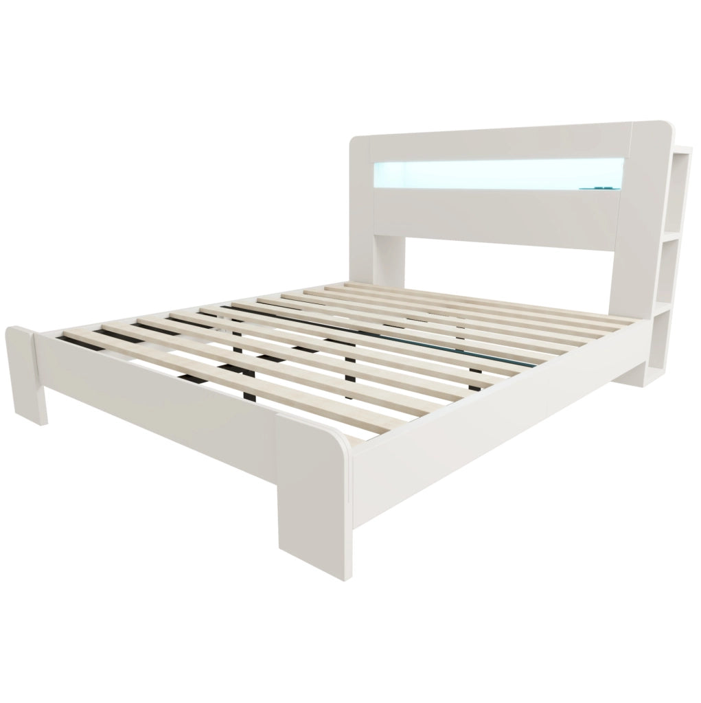 Letto ULEVR 140x200 cm con testiera contenitore, LED e prese integrate, bianco