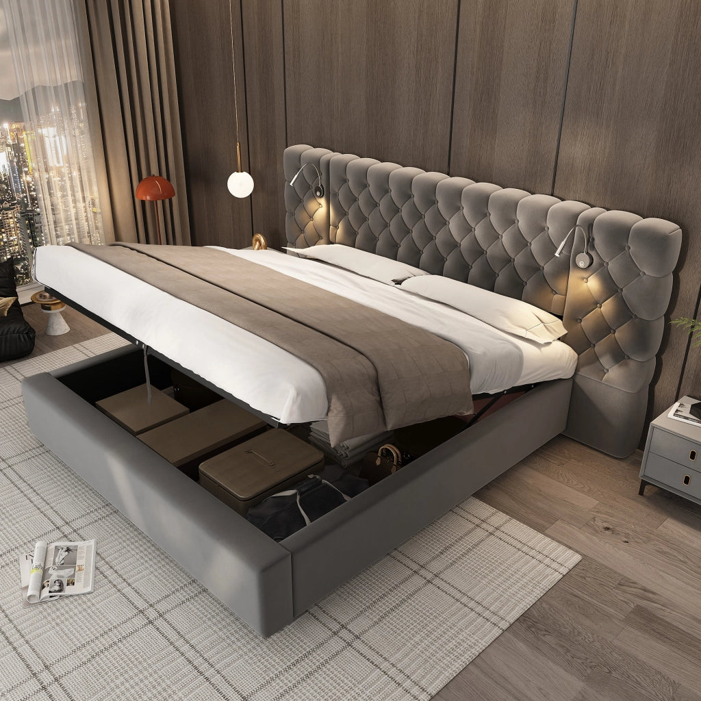 OKWISH Letto Contenitore 160×200 cm, Letto Matrimoniale con Sollevamento Idraulico, LED Regolabile, Lampada da Lettura e Testiera Ampia, senza Materasso, in Velluto, Grigio