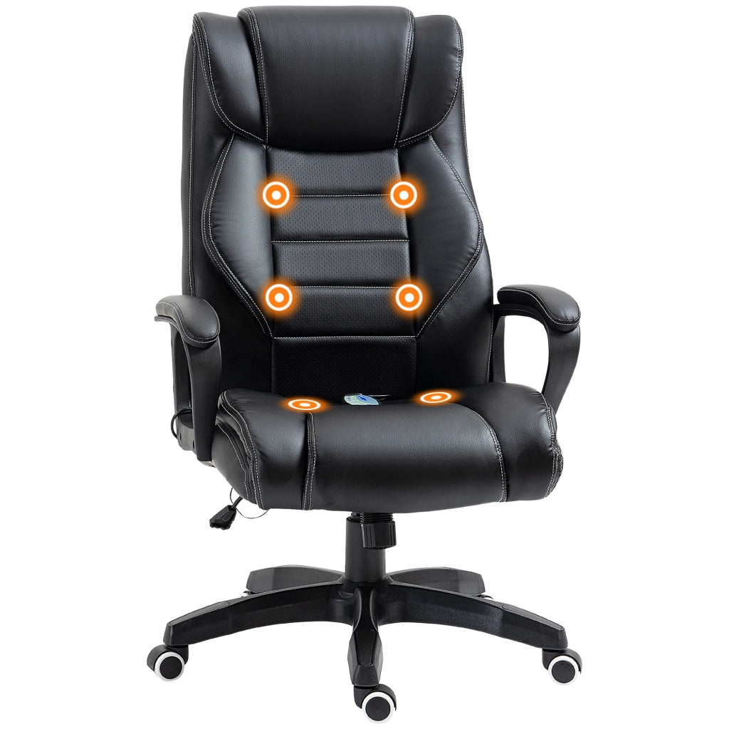 Poltrona Massaggiante da Ufficio a 6 Punti con Altezza Regolabile, in Similpelle Nera, 66x78x112-120 cm