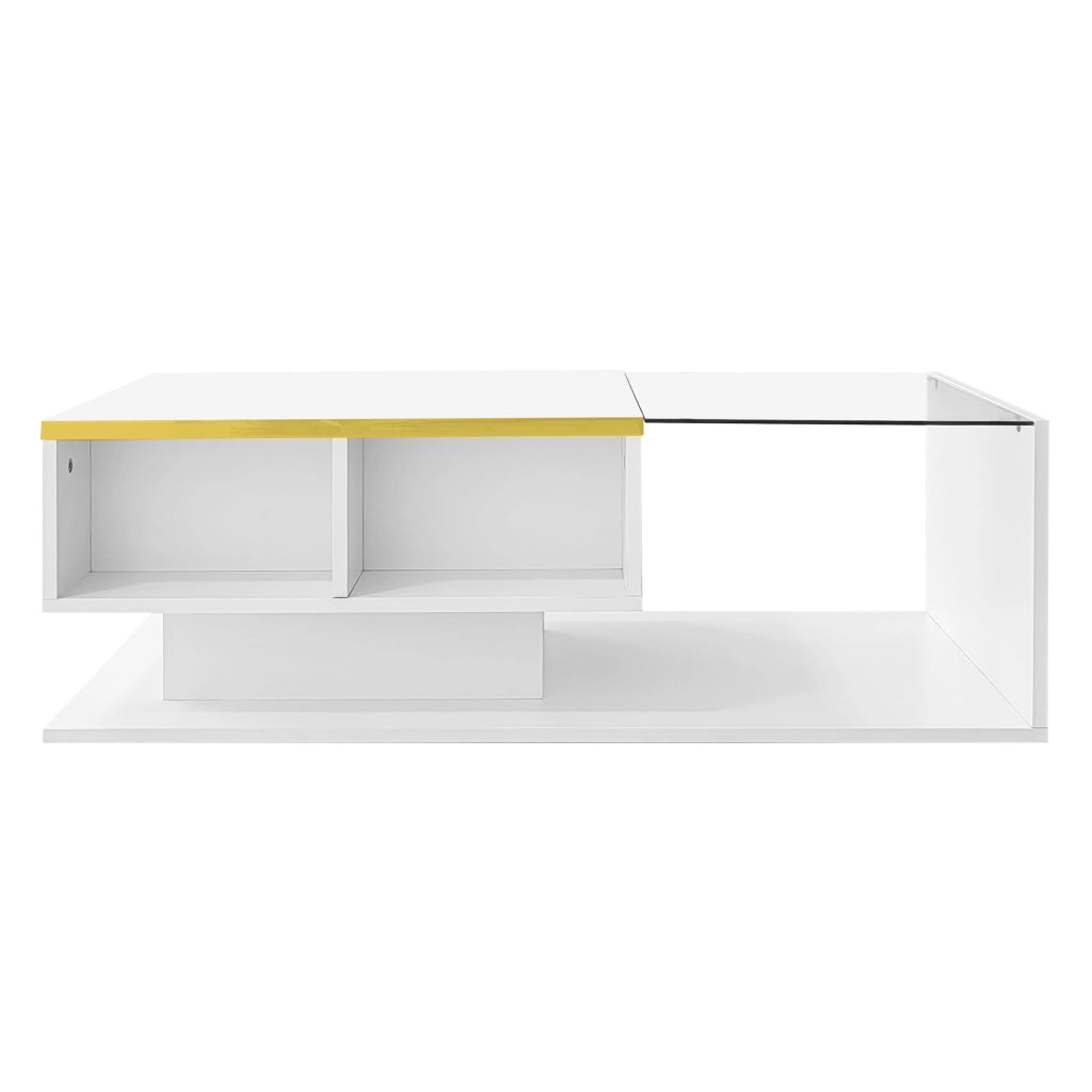 Tavolino da caffè 100x50x32.5 cm; con LED dimmerabile e piano in vetro; truciolato; bianco