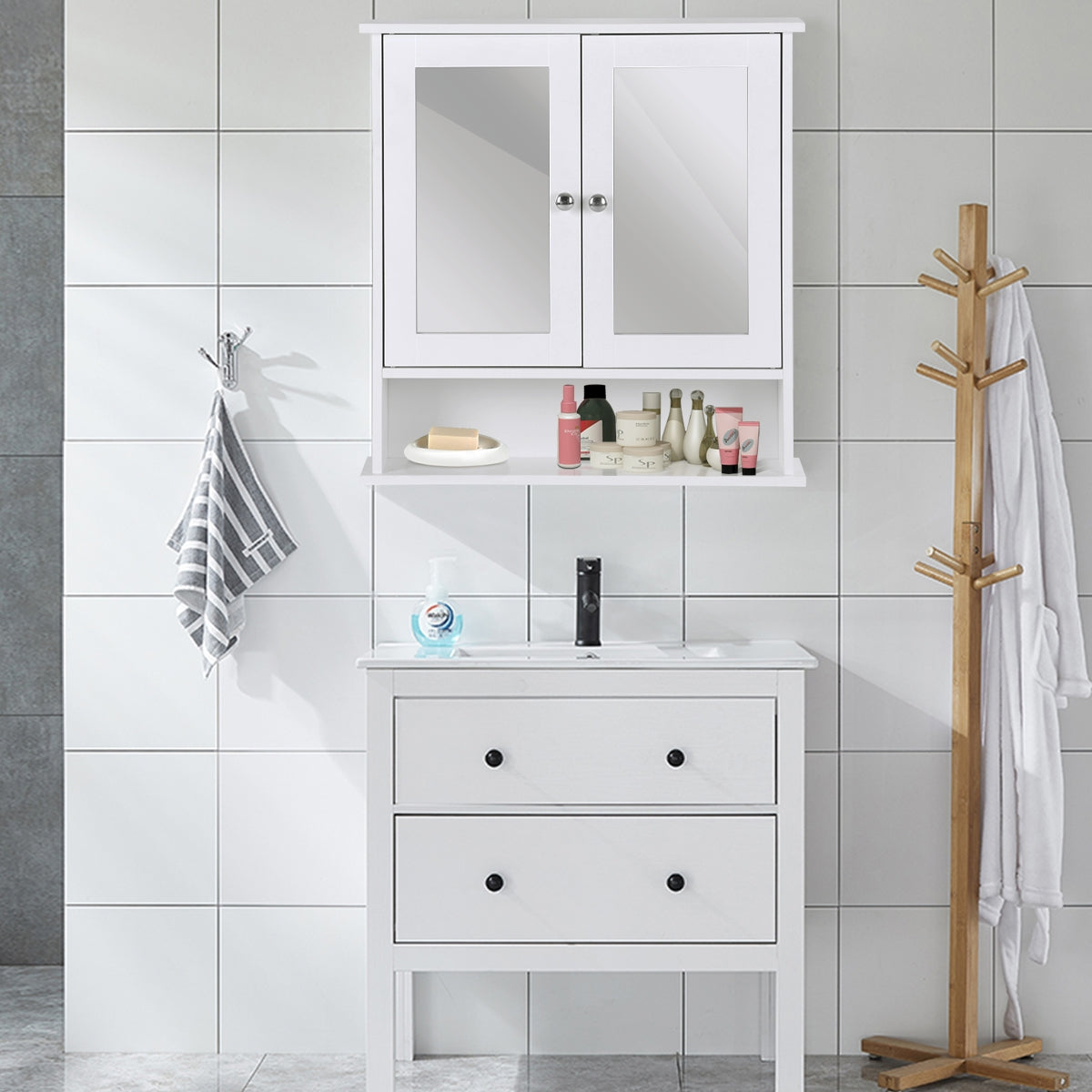 Armadietto a specchio da parete con doppia ante da bagno a 3 ripiani 56,5x13,5x58,5cm Bianco-Armadi da parete