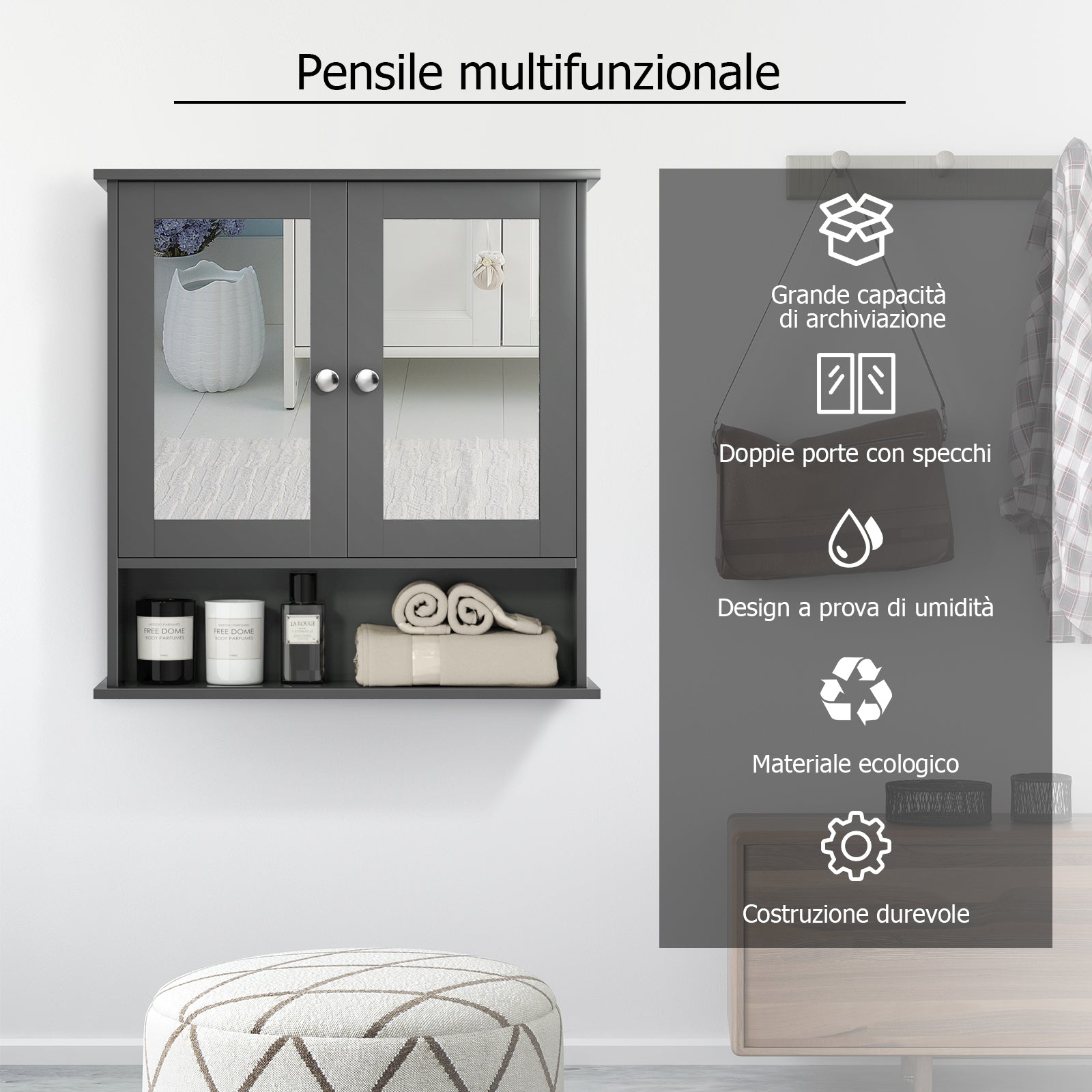 Armadietto a specchio da parete con doppia ante da bagno a 3 ripiani-Mobiletto da bagno 56,5x13,5x58,5cm Grigio