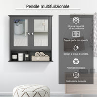 Armadietto a specchio da parete con doppia ante da bagno a 3 ripiani-Mobiletto da bagno 56,5x13,5x58,5cm Grigio