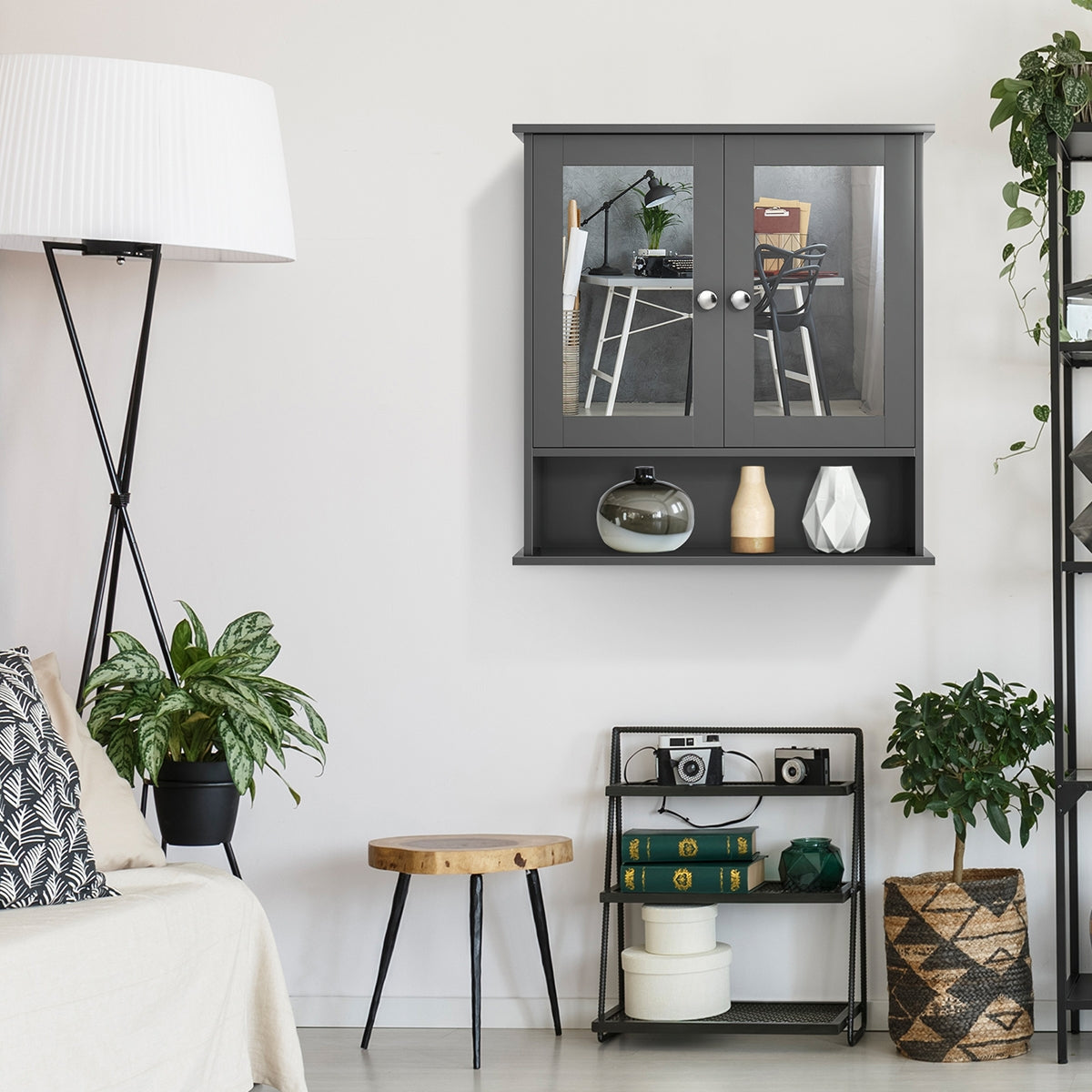 Armadietto a specchio da parete con doppia ante da bagno a 3 ripiani-Mobiletto da bagno 56,5x13,5x58,5cm Grigio