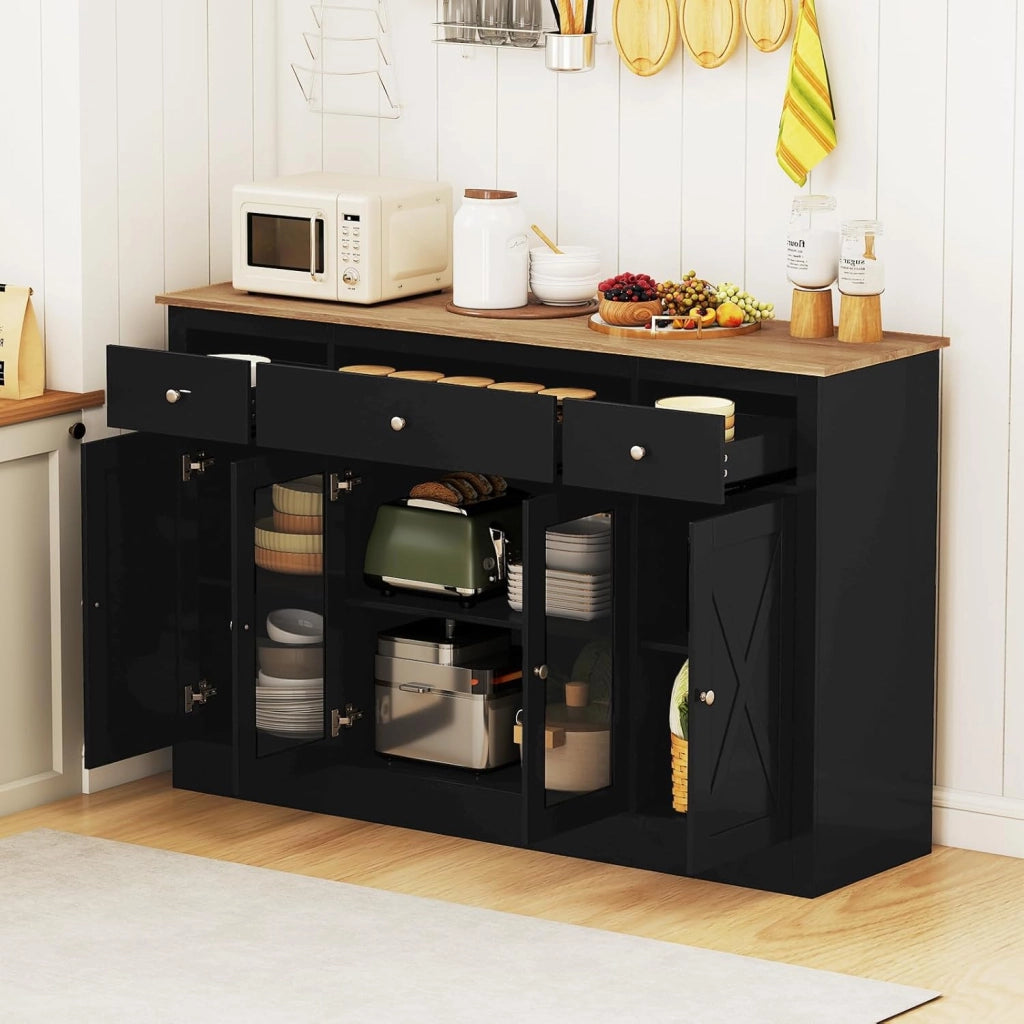 Mobile Buffet Basso, Credenza Moderna da Cucina con 3 Cassetti, 3 Armadi con Ante, Mobiletto Multiuso con Ripiani Regolabili per Soggiorno, Sala da Pranzo, 140x40x90cm (In 2 Pacchi) (Nero)