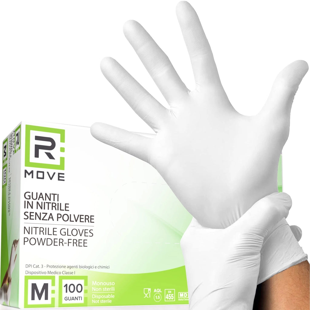 100 guanti in Nitrile Bianchi M senza polvere, senza lattice, ipoallergenici, guanti monouso per Estetisti, Tatuatori, Ambiti Medici, guanti per alimenti (M, Bianchi)