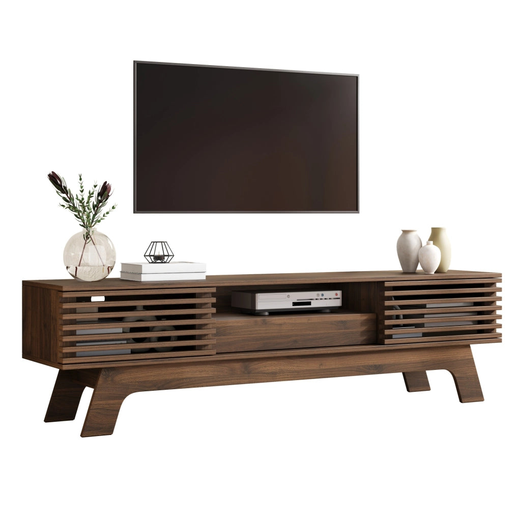 Mobile TV 150x35x44 cm con ante a lamelle in MDF noce