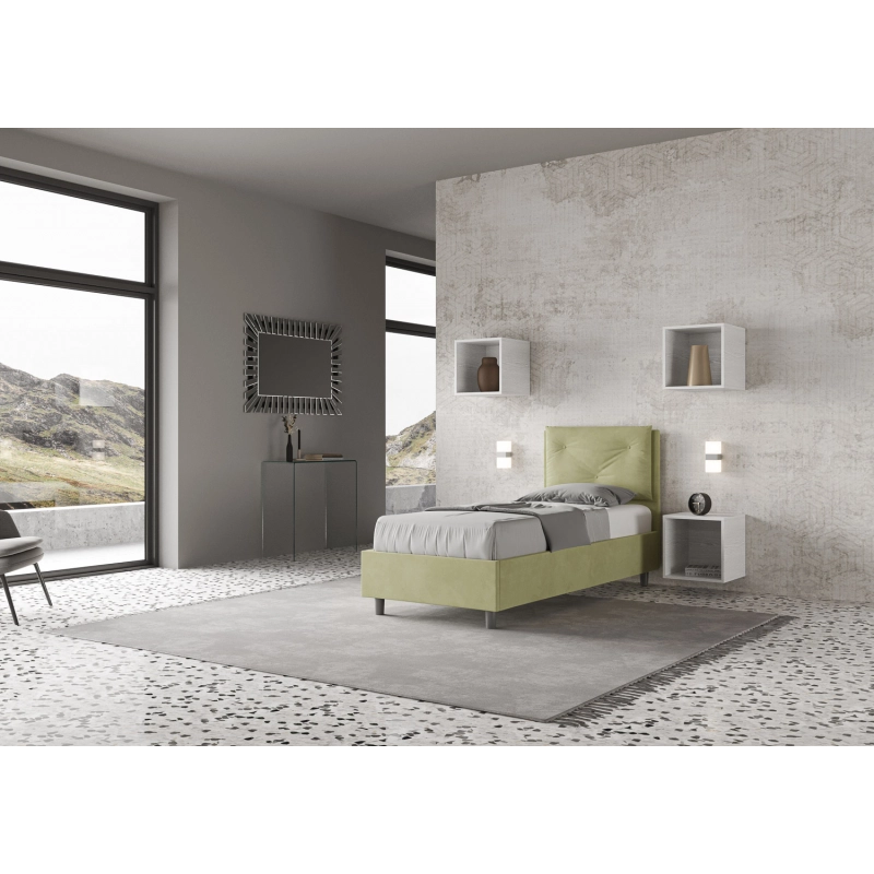 Letto imbottito Singolo 80x200 cm Appia - Contenitore,Microfibra,Tè verde