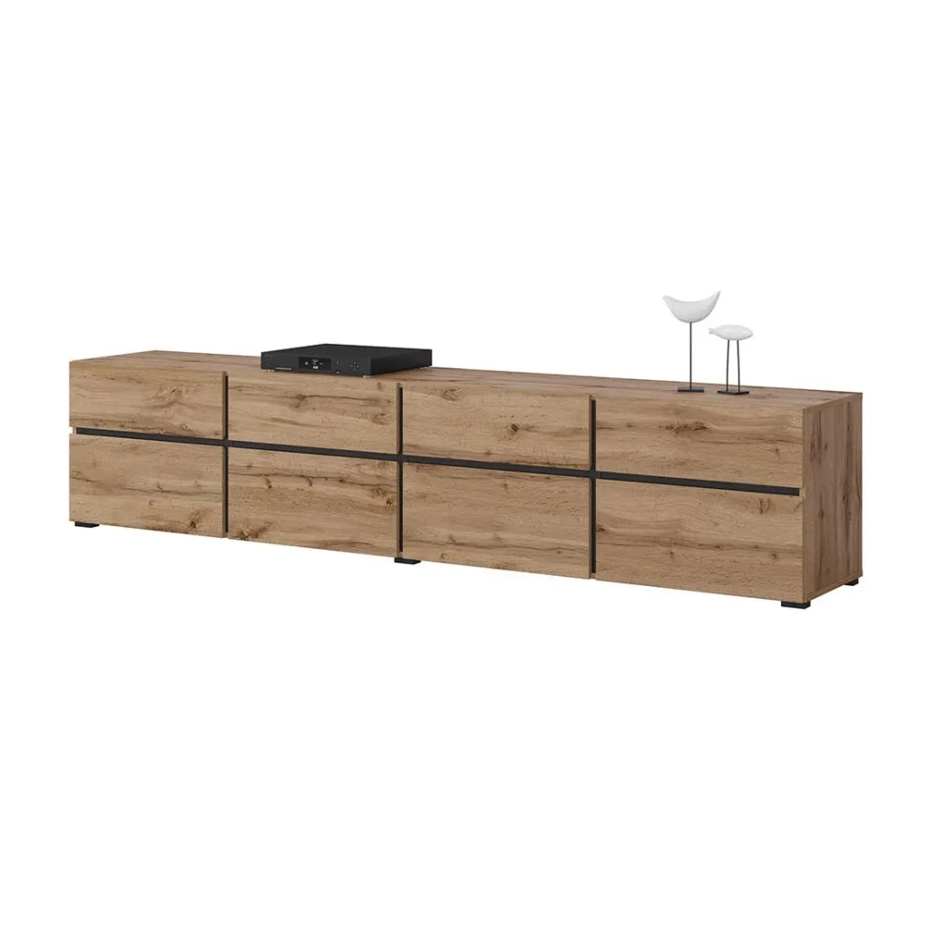 Mobile TV XL colore quercia e nero 225cm collezione HAVANA. Mobile design con 4 porte e 4 cassetti.