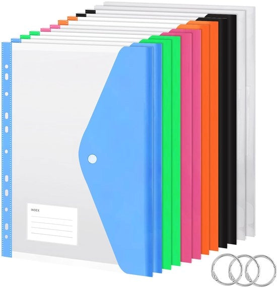 Documenti A4, 12 mappe documenti A4 per archiviazione, buste espandibili impermeabili con chiusura a gomito, buste per documenti con 11 fori, 6 colori