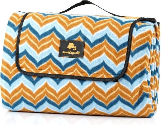 Panno da picnic impermeabile 200 x 200 cm - Dimensioni extra - Camping e spiaggia - Isolante - Blu/Bruno/Zig-zag