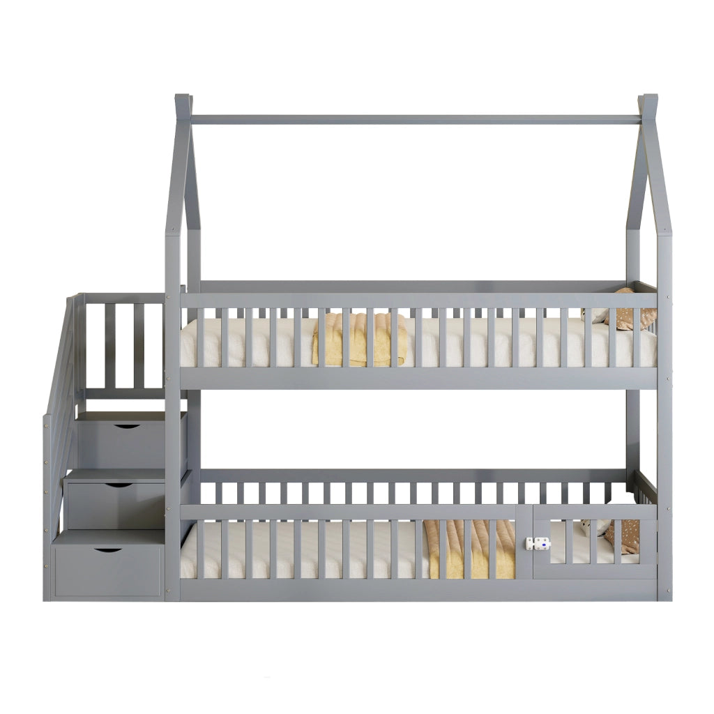Letto a Castello 90x200 cm; Letto Singolo - Tetto; Scala con Cassetti - in Legno - Grigio