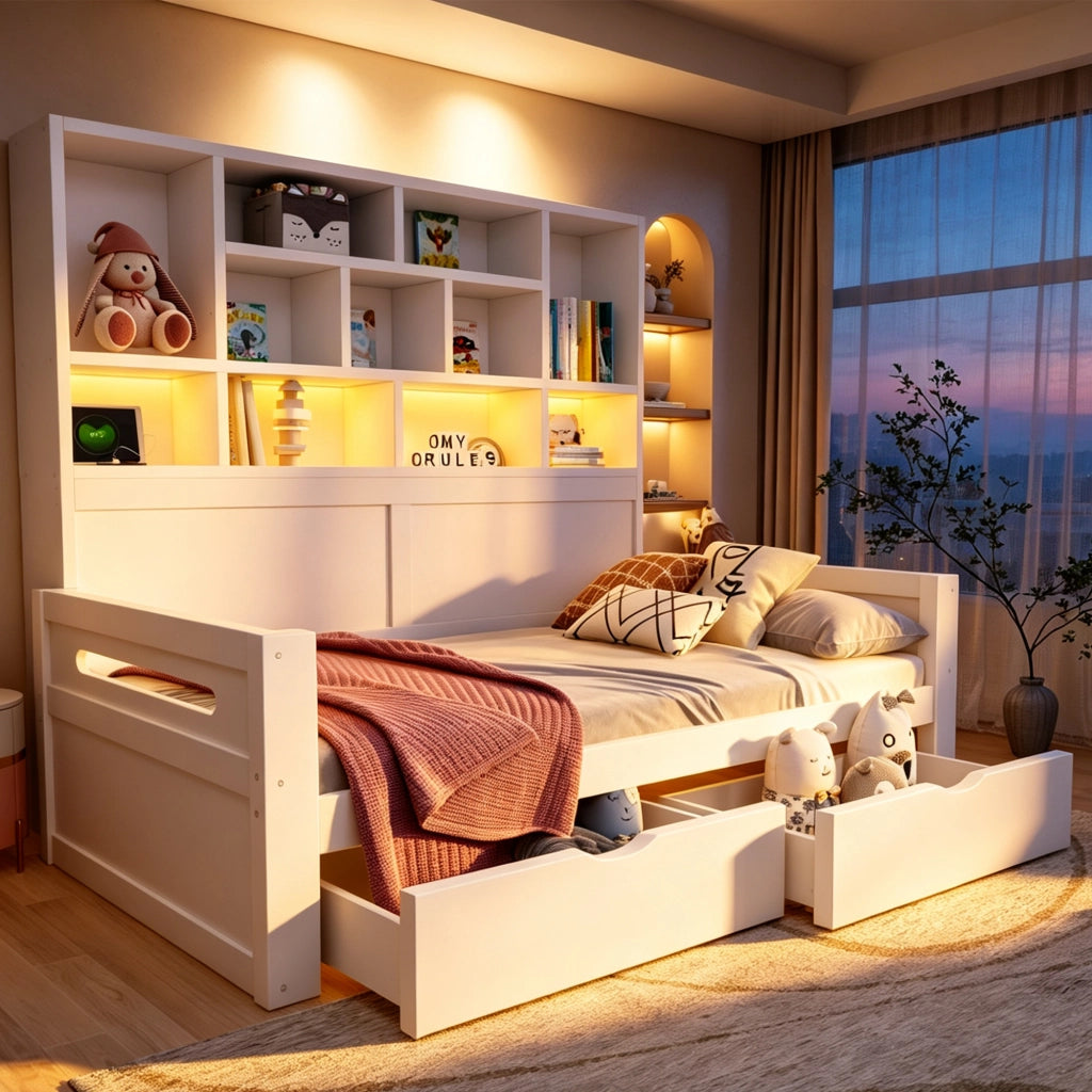 Letto singolo multifunzione 90x200 cm con armadio aperto; cassetti; LED; USB e vani portaoggetti; legno bianco