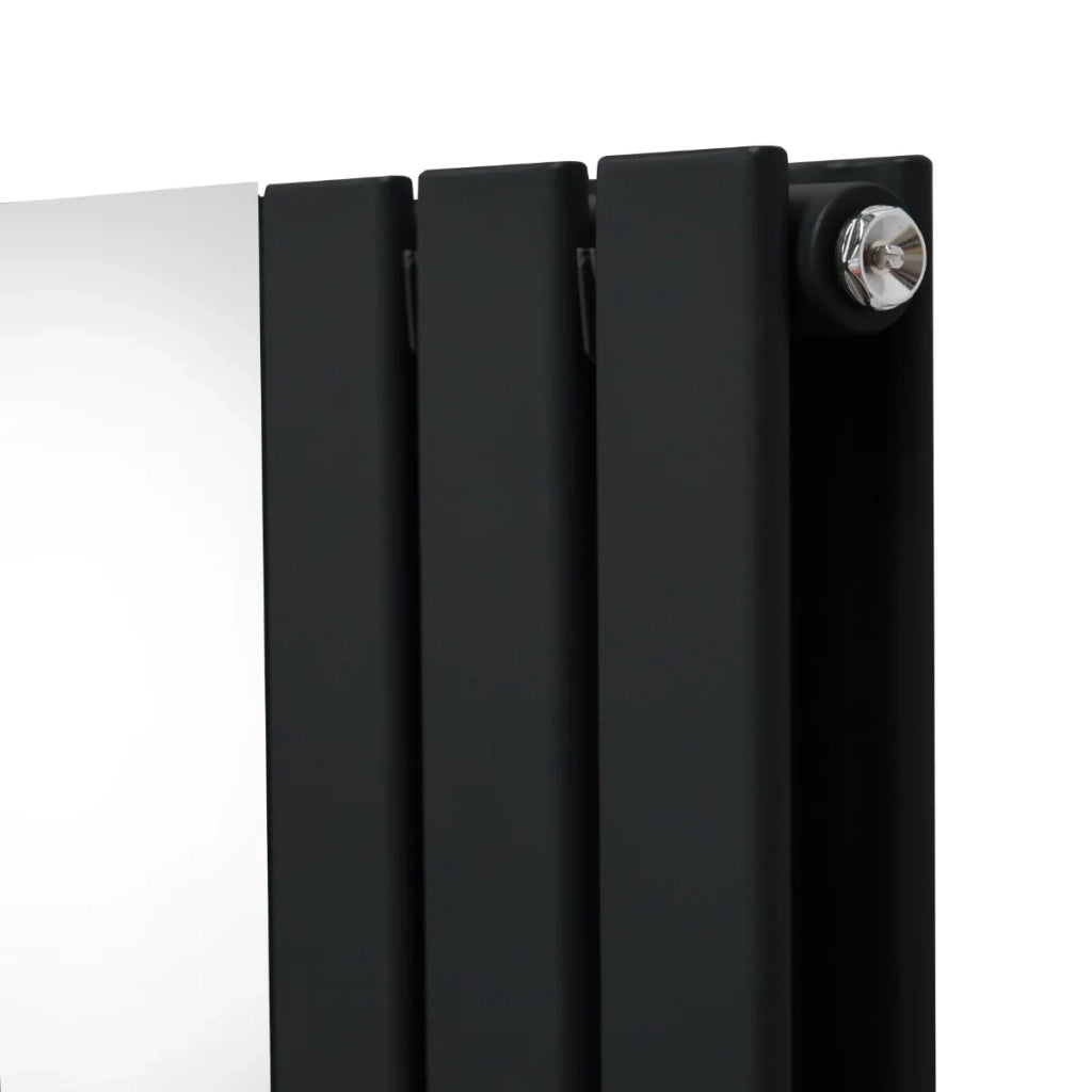 Radiatore a specchio a pannello piatto e valvole TRV cromate Nero 1800 mm x 425 mm
