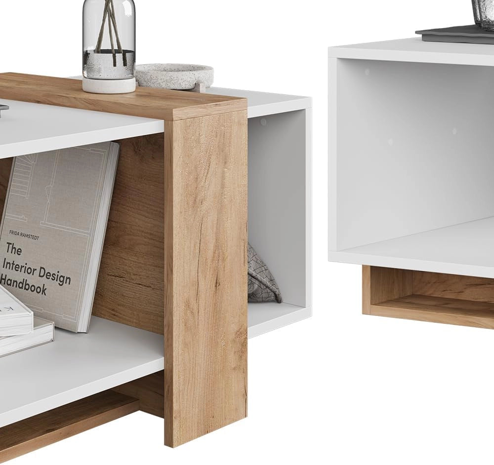 Tavolino Aven, Rovere bianco/dorato, 91.8 x 49 cm, con ripiano aperto per la conservazione di oggetti di uso quotidiano