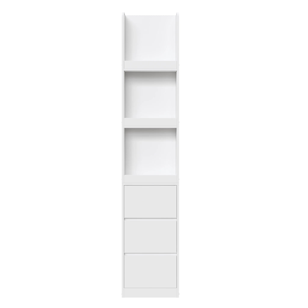 Libreria stretta salvaspazio con 3 vani aperti e 3 cassetti reversibile in truciolato bianco 60 × 40 × 200 cm