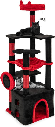 Tiragraffi per Gatto Alto 133 cm Stile Gotico Vampiro, Albero Tiragraffi Gatti con Pali a Corda in Juta, Amaca e Grotta, Cuccia Albero Gatto Rivestito con Giocattolo Ragno, Rosso e Nero