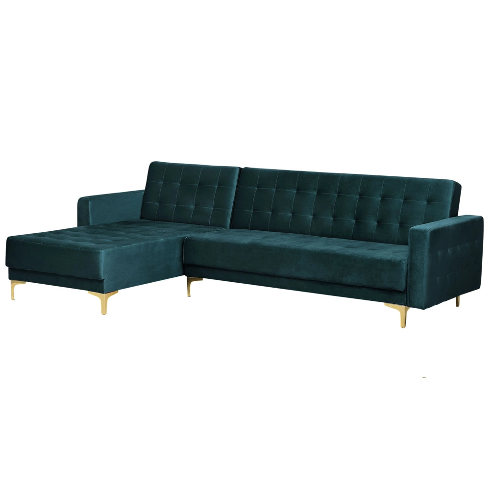 Divano Letto Angolare Tessuto Trapuntato Velluto Verde Acqua Moderna Chaise Longue A 4 Posti Modulare A Forma Di L versione destra
