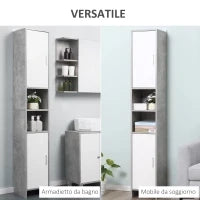 kleankin Colonna Bagno con 2 Armadietti e 2 Vani Aperti in Legno Effetto Cemento, 30x30x180cm