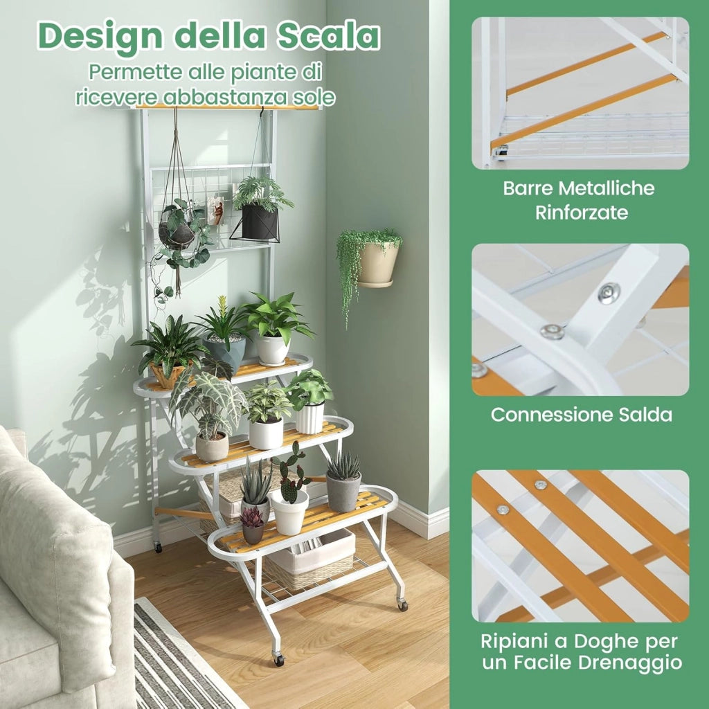 Scaffale per Piante da Interno ed Esterno, Porta Piante a 4 Livelli con Ruote, Barra e Traliccio, Portafiori da Soggiorno, Balcone, Giardino e Terrazzo, 80 x 85 x 175 cm