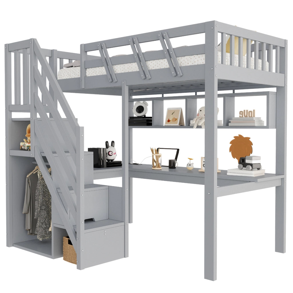 Letto a soppalco 90x200 cm con scrivania; scala contenitore e LED; grigio in legno
