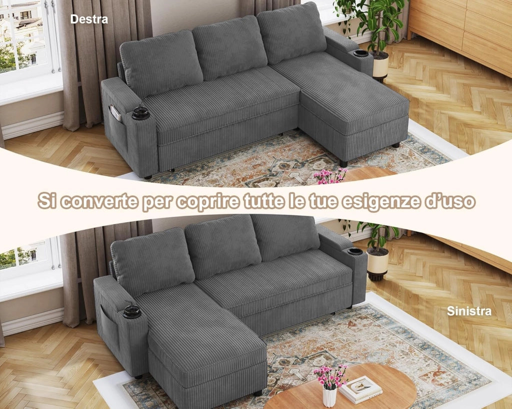 Divano Letto Chaise Longue a Forma di L, Divano da Salotto Cheslong a 3 Posti Convertibile in Letto, con Contenitore Integrato e Portabicchieri, Tessuto Morbido Beige Grigio Scuro