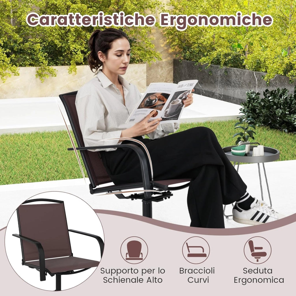 Set di 2 Sedie da Patio Girevoli, Poltrone a Dondolo in Rete a 360° con Schienale Alto e Base Rotonda in Metallo, Sedia a Dondolo Robuste per Giardino Balcone, Portata 150 kg (Marrone)