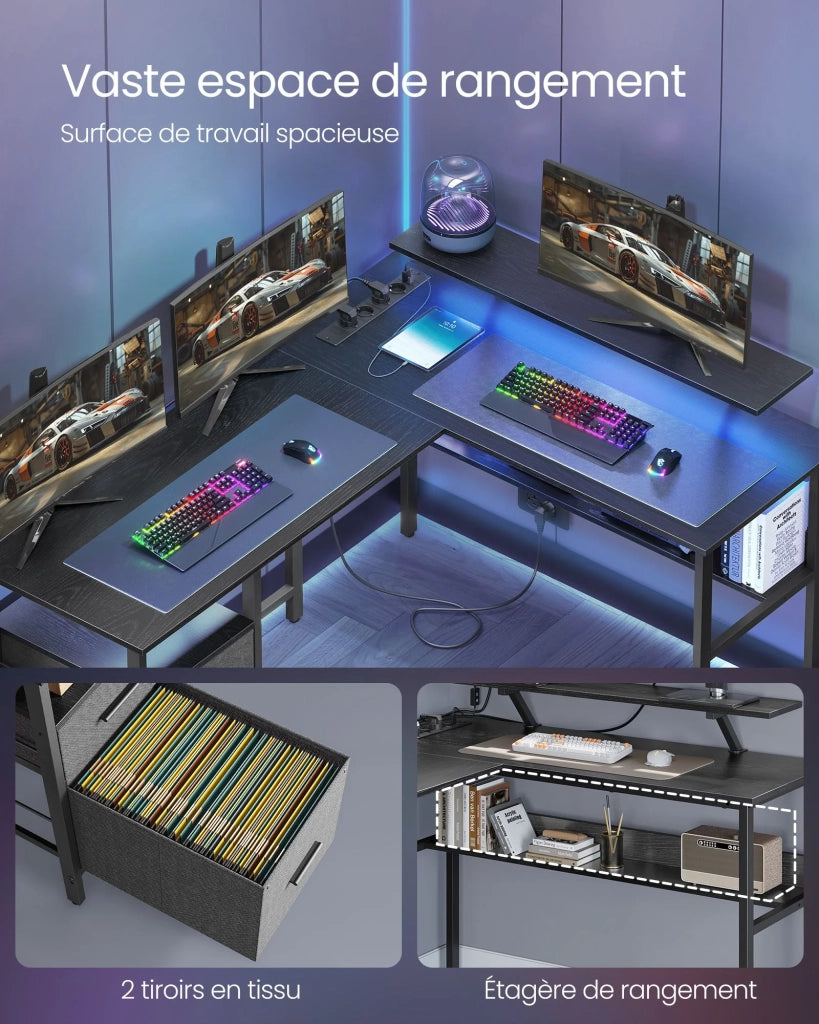 Scrivania angolare con multipresa 120 x 150 x 76 cm scrivania per computer con supporto per monitor scrivania da gaming a LED 2 cassetti 2 porte USB facile da montare nero 12_0004625