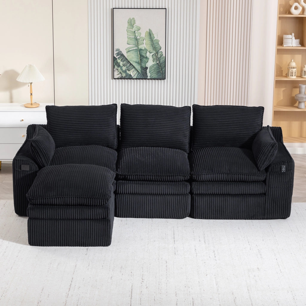 Divano modulare 3 posti in corduroy nero con pouf, tasche laterali e struttura a molle