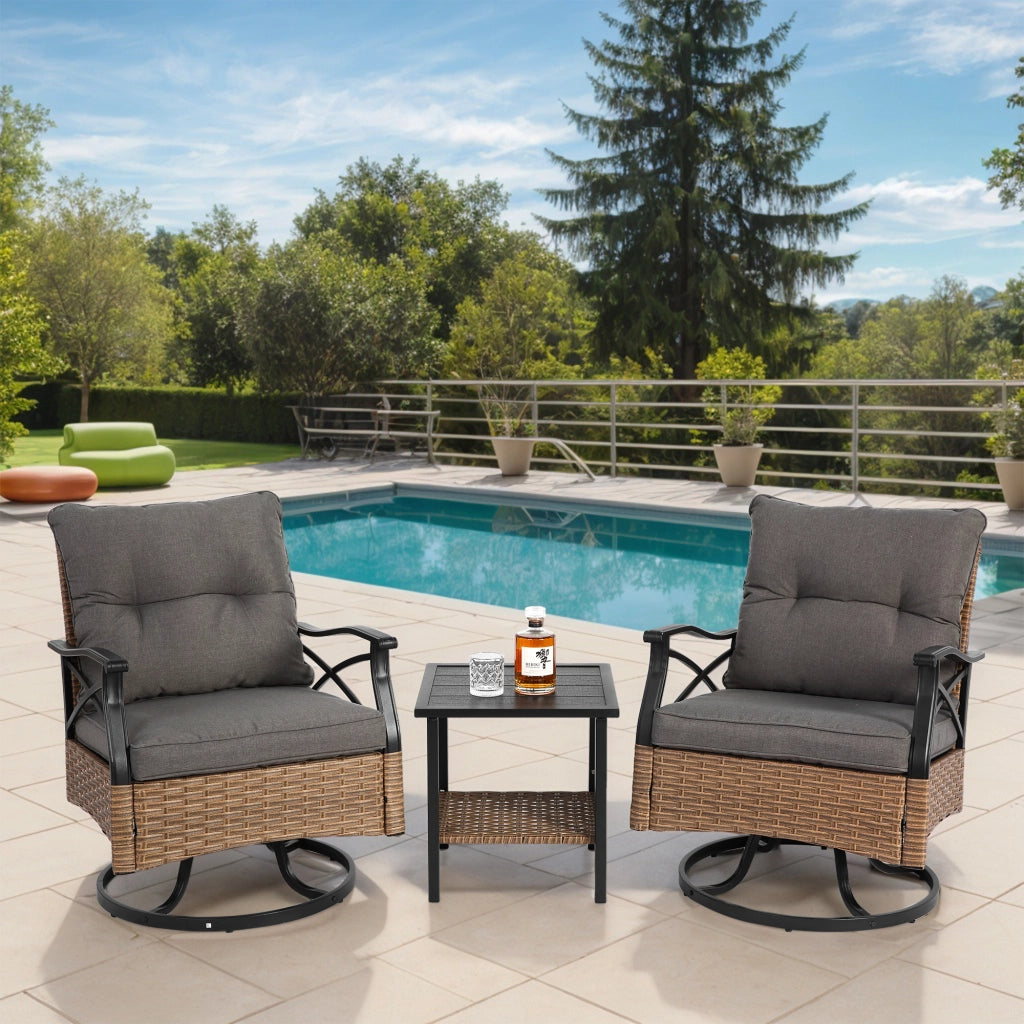 Set lounge da giardino a 3 pezzi con 1 tavolino e 2 poltrone a dondolo girevoli in acciaio e rattan sintetico marrone grigio