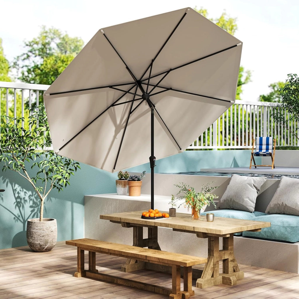 Ombrellone da Giardino 270 cm, Ombrellone da Esterno con Inclinazione Regolabile, Manovella, 8 Stecche, Tettuccio Ventilato, per Spiaggia, Bordo Piscina (Beige, 270 cm 8 Stecche)